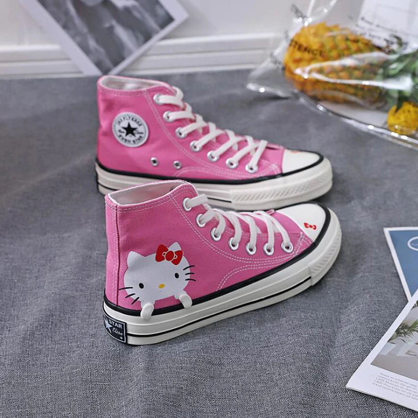 

Cartoon Print Cute Women Sneakers Spring High Top Breathable Pink Ladies Casual Shoes Lace Up Travel Student Canvas Shoes