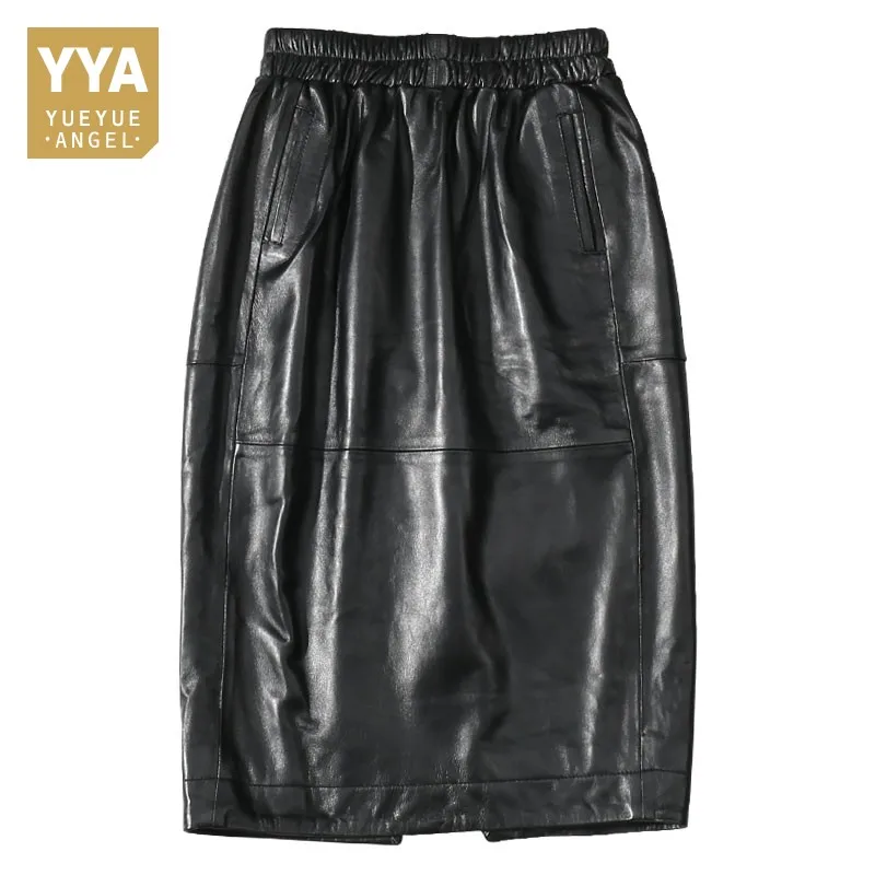 

2020 Real Leather Skirts Women Black Elastic Waist Knee Length Streetwear Sheepskin Female Skirts Genuine Sheepskin Ladies Skirt