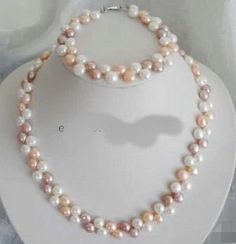 

free shipping Cultured Pink Purple White Pearl Necklace Bracelet