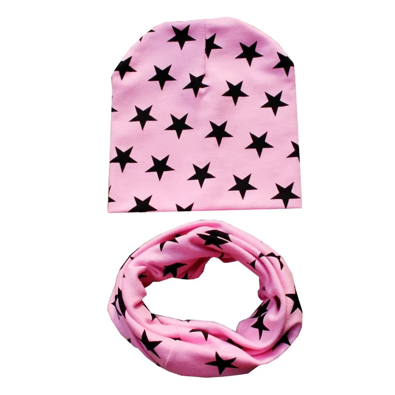 Полосатый хлопковй с принтом звезды детский набор из шапки и шарфа для маленьких мальчиков и девочек Кепки шарф осень-зима детская шляпа, шарф воротник Детские вязаные шапки Кепки - Цвет: Pink star set