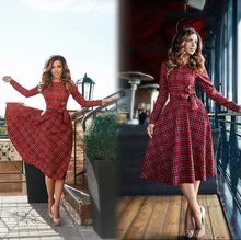 2017 new autumn red Plaid Long Sleeve Mid calf dress women o-neck Bow Casual Dresses vestidos