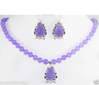 

XE46 E5 FREE shipping> >>>>>Jewelry 10mm Purple Jade Necklace Buddha Pendant Earrings Set