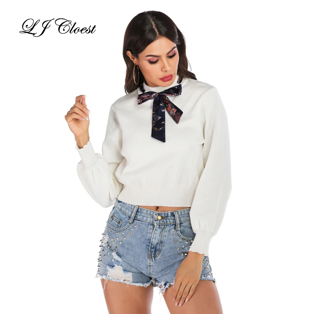 LJ Cloeset Women Autumn Pullovers Solid Color Slim Bowknot Sleeves Lady Knitted Diffuser Sweater | Женская одежда