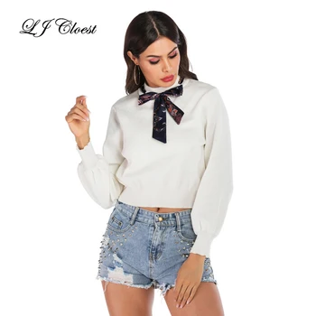 

LJ Cloeset Women Autumn Pullovers Solid Color Slim Bowknot Sleeves Lady Autumn Knitted Diffuser Sweater