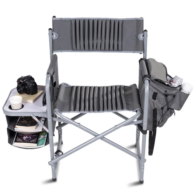 Серая уличная мебель кемпинг складной компактный стул с подстаканником и боковым столом OP3575