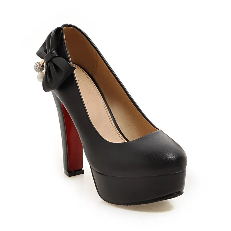 Г. Милые туфли на высоком толстом каблуке и платформе с бантом женские тонкие туфли маленькие и большие размеры 31, 32, 46, 47, свадебные туфли с красной подошвой - Цвет: Черный