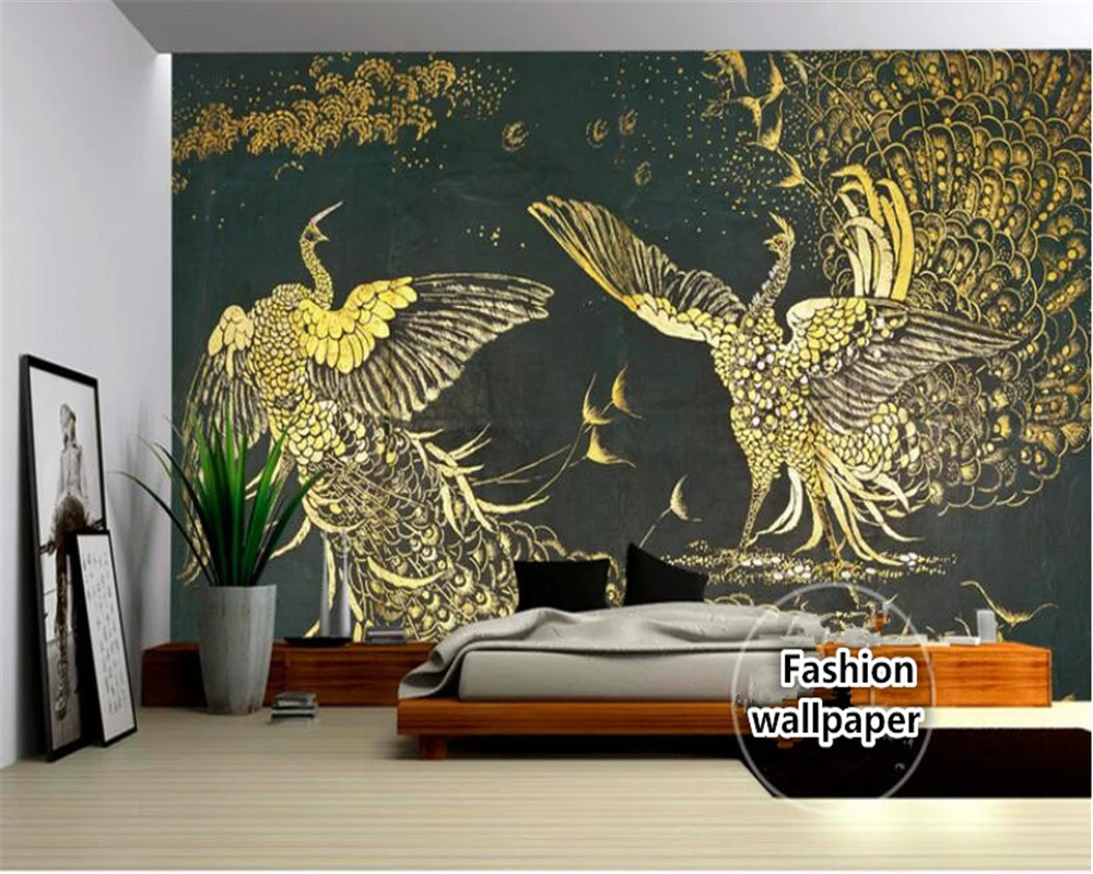 

beibehang Retro Wallpaper Nostalgic Chinese Hand Painted Phoenix Golden Wood Painting Background Wall wallpaper for walls 3 d