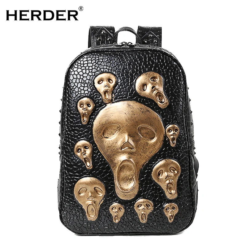 

HERDER Men Women Backpacks 3D Skull Punk heavy metal street Soft leather Laptop Teenager Girls Bag Daypacks mochila male