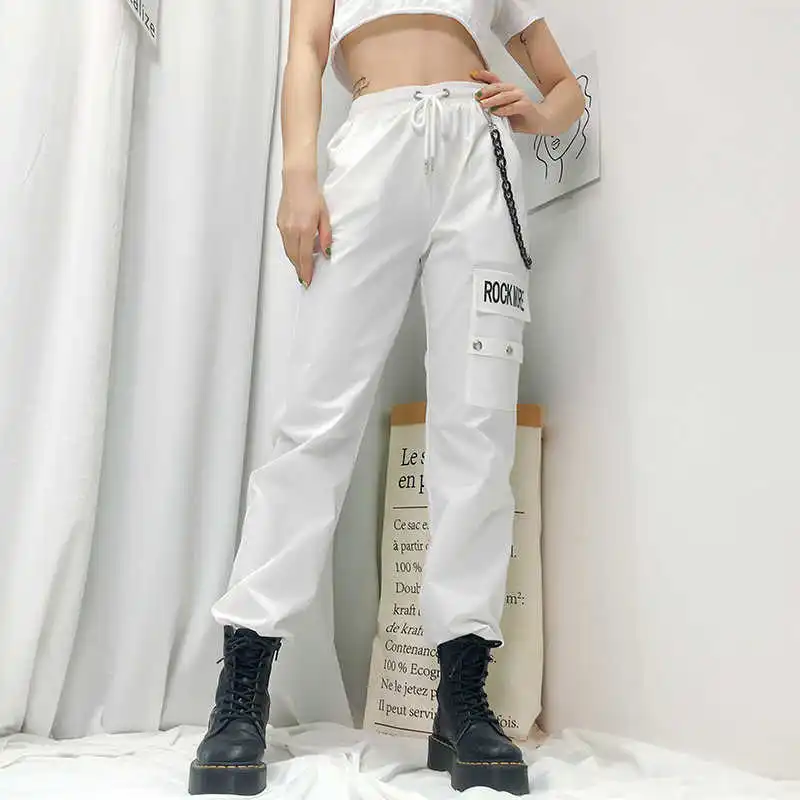 Женские брюки-карго Weekeep с белым буквенным принтом и карманами в стиле пэчворк, уличная одежда с высокой талией, женские брюки, модные брюки-карандаш - Цвет: Белый