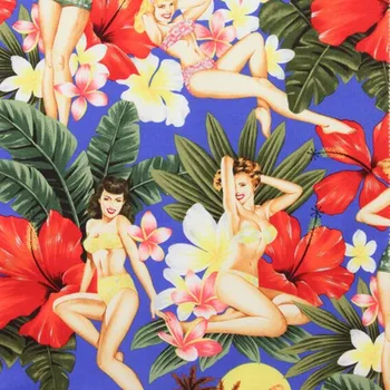 

BZ40 100*147cm Blue Florals Sexy Girl Printed Retro Vintage Euramerican Style Twill Cotton Elastic Poplin Fabric For Women Dress
