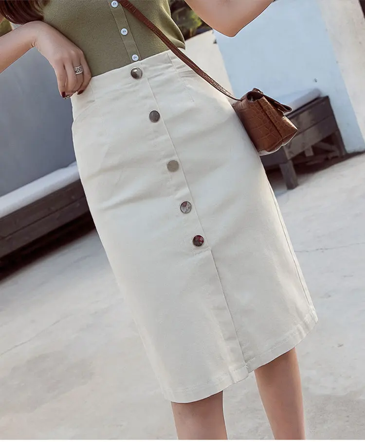 Однобортная женская джинсовая юбка с высокой талией, уличная облегающая женская юбка-карандаш, белая Повседневная джинсовая юбка с карманами