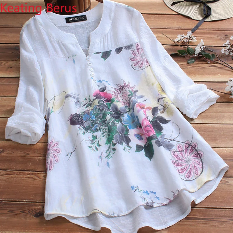 Женская винтажная блузка с v-образным вырезом и цветочным принтом топ длинными
