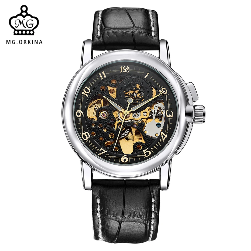 

MG. ORKINA Royal Engraving Clock Men Leather Band Watch Retro Skeleton Dial Relogio Male Masculino Mechanical Automatic Watch