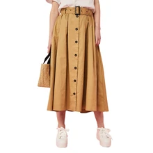 Коричневый пояс высокая посадка на пуговице вниз длинные юбки-солнце для женщин дамы однобортный плиссированные до середины голени длина хлопок юбки