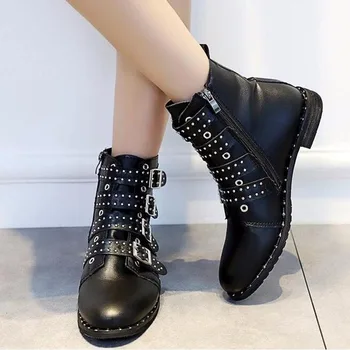 

Autumn & Winter New British Motorcycle Rivet Retro Martin Boots Vogue Versatile Fashion Belt Buckle Large Size Women's Boots
