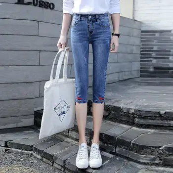 

Nonis Plus Size Skinny Capris Embroidery Letter Jeans Women Female Stretch Knee Length Denim Shorts Pants Mid High Waist Summer