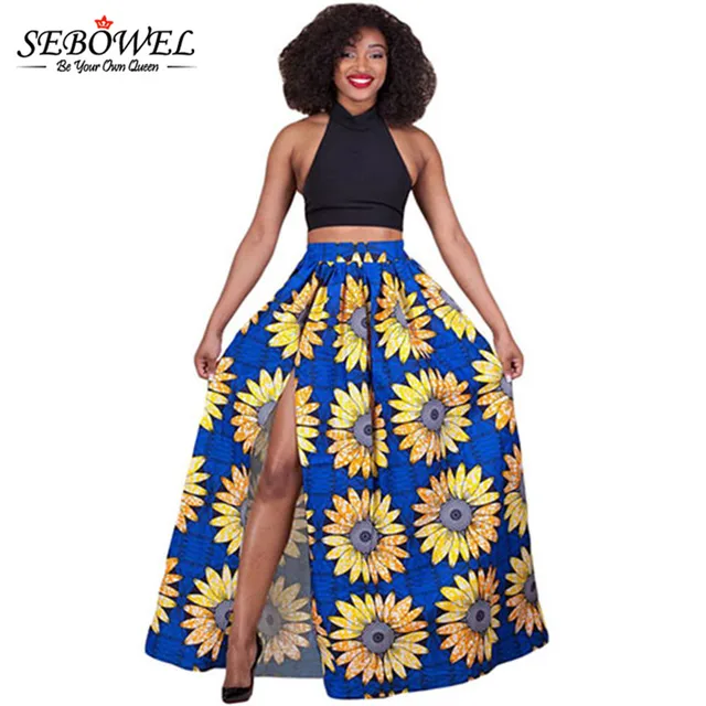 sebowel 2018 fabric sunflower floral printed high waist split maxi plus size ball gown skirt