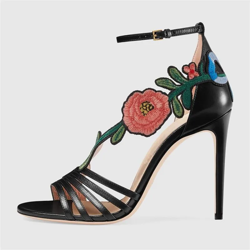

2019 Women Adjustable Buckle Strap Sandals Floral Embroidery High Heels Cut-outs Gladiator Sandals Wedding Shoes Plus Size 35-42