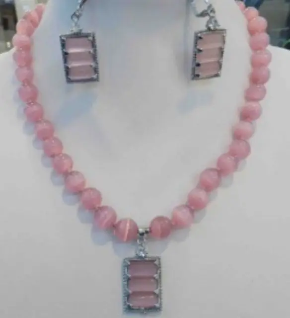 

Free shipping Beautiful Pink Mexican Opal Round Beads Gems Pendant Necklace Earring Set 18