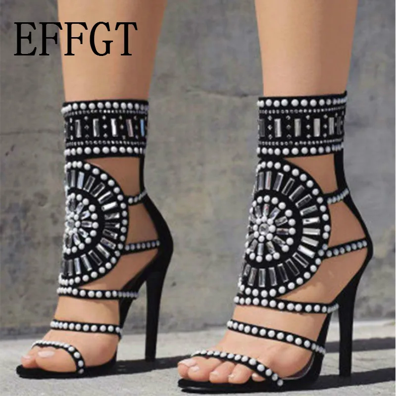 

EFFGT 2019 Fashion Rhinestone Gladiator Crystal Women Sandals Sexy Women Thin Heels Pumps Party Shoes For Women