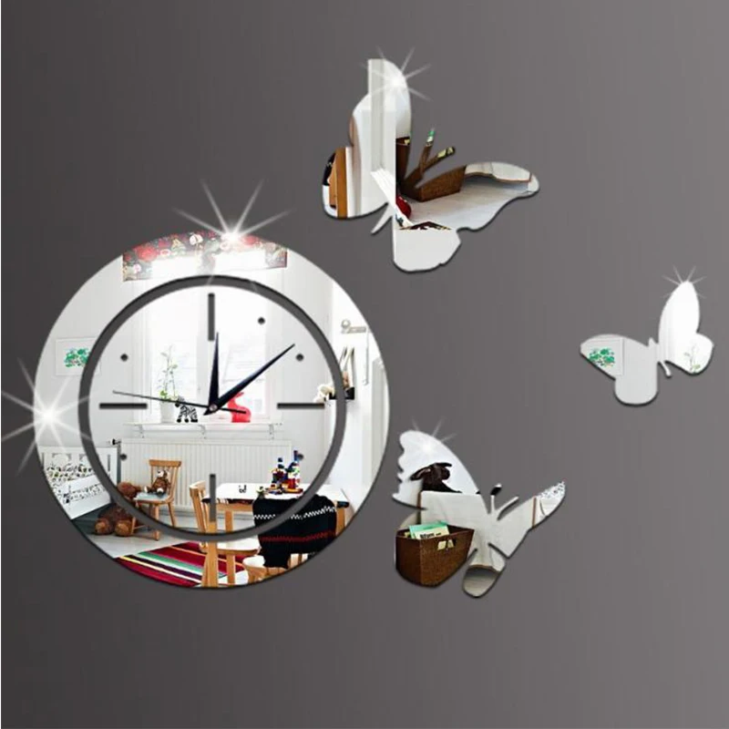 Современный дизайн настенные часы акриловые зеркальные круглые часы хрустальные настенные часы бабочка домашний декор настенные часы Ssticker часы