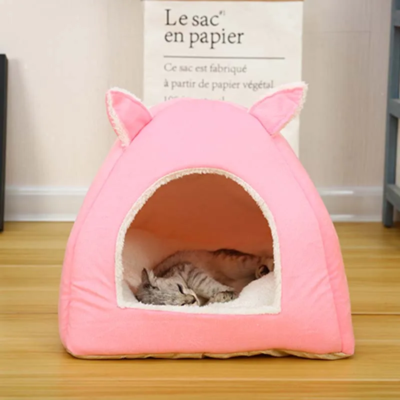 Складная кровать для кошек, САМОНАГРЕВАЮЩАЯСЯ, для дома, для кошек, собачий домик со съемным матрасом, клетка для щенков, лежак, серый, розовый, зеленый - Цвет: pink