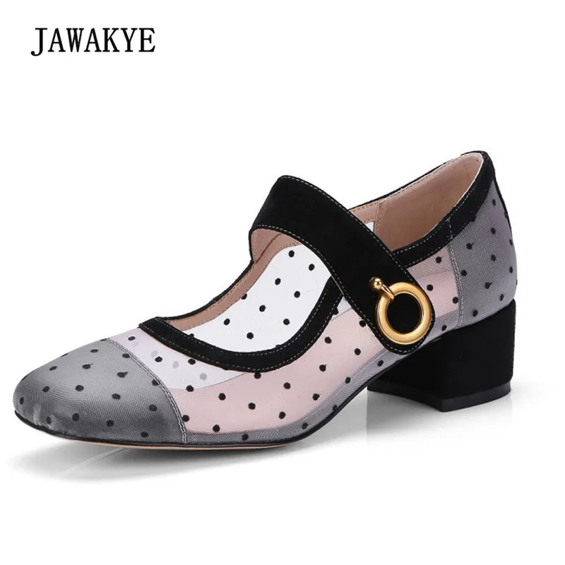 

2018 Retro Dot Mesh Shoes Woman Square Toe Metal Buckle Suede Heel Shoes Female Fashion Mary Janes Shoes