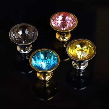 

35mm pink seablue yellow gray glass crystal drawer cabinet knob silver gold rninestone head dresser door handle modern fashion