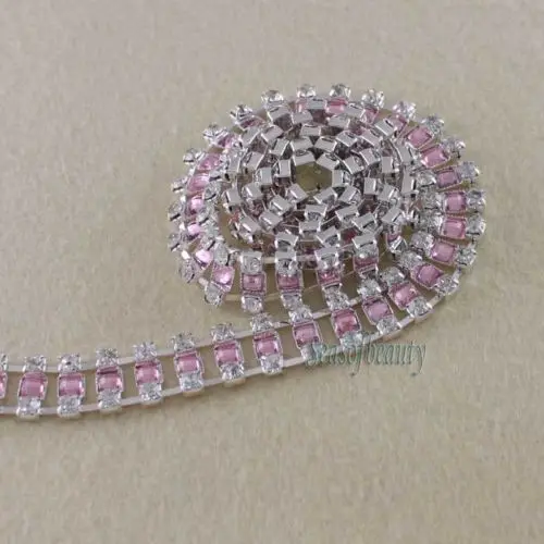 1 Yard Pink Crystal Silver Sew On Rhinestone Pink Trims Costume Sewing