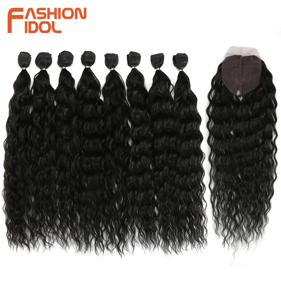  FASHION IDOL Water Wave Hair Bundles With Closure Synthetic Hair Extensions Ombre Blonde Silver Gre