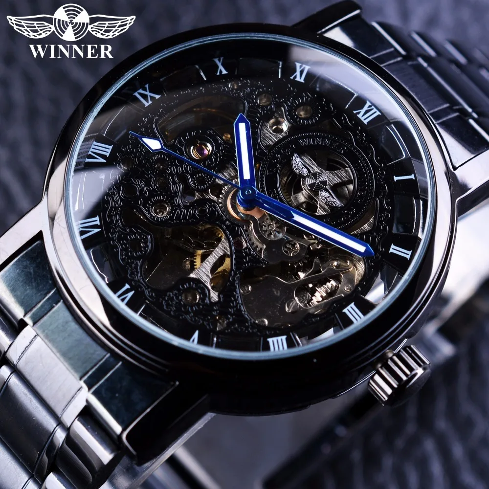 Winner Skeleton Black Stainless Steel Blue Hands Luminous Mens Watches Top Brand Luxury Watch Men Montre Homme Automatic Watches