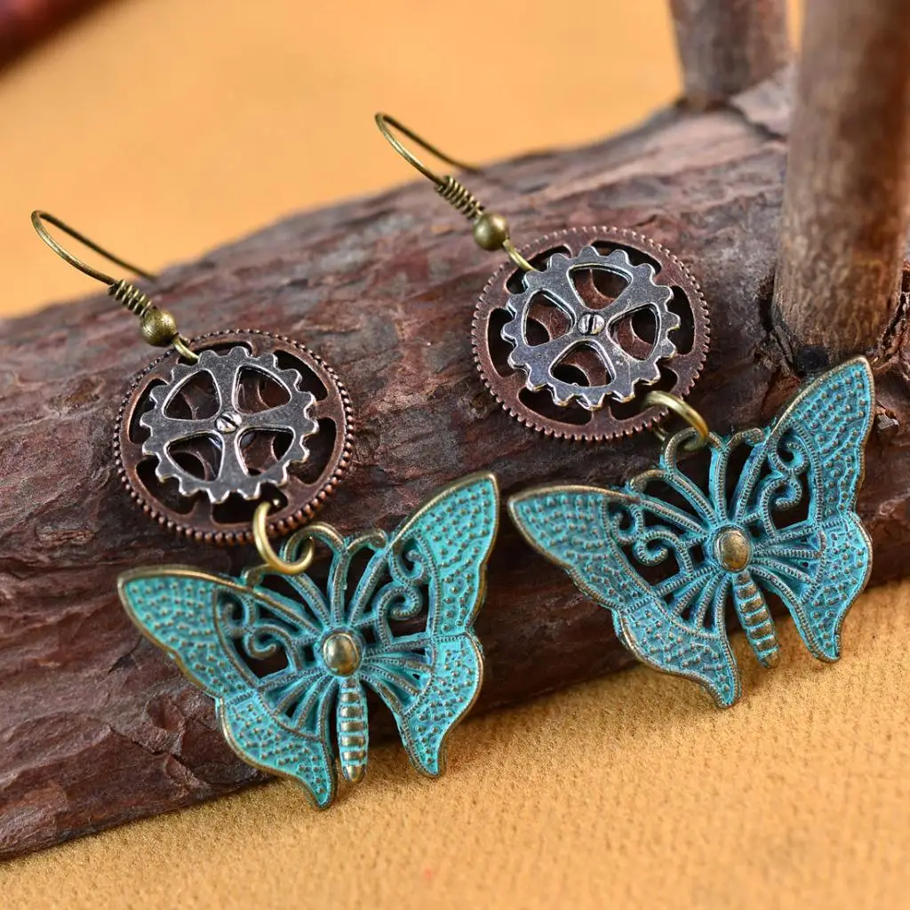 Gothic SteamPunk Gear Earrings Butterfly Dangle Punk Antique Women Jewellery