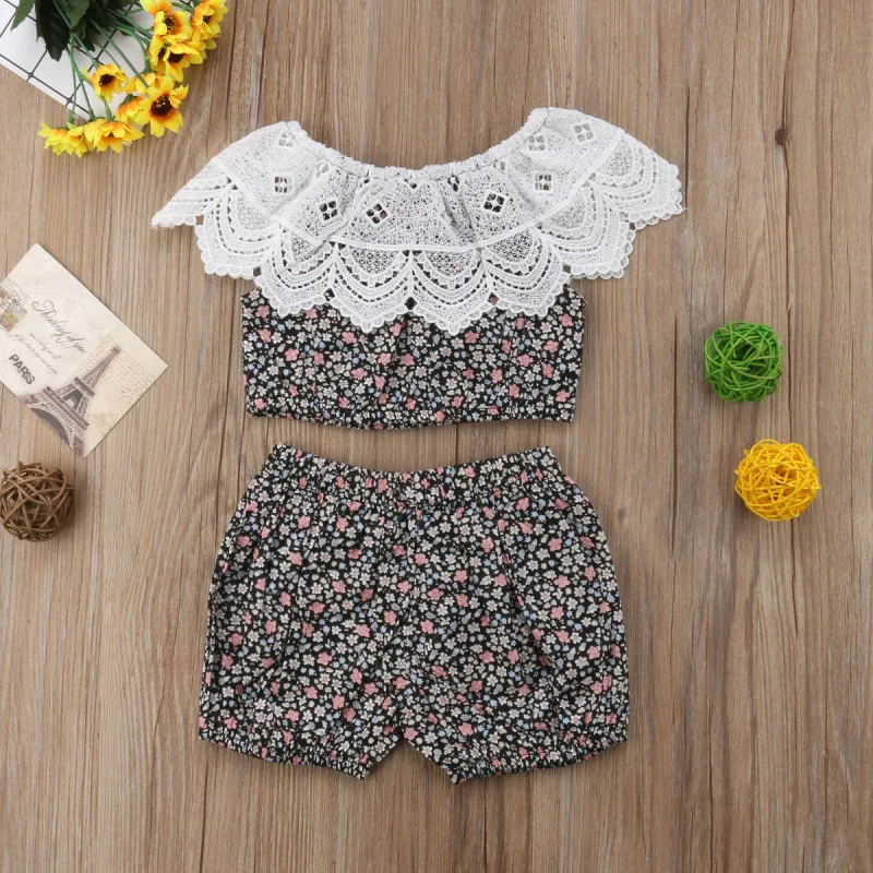 

Summer Toddler Infant Overalls Baby Girl Clothes Lace Polka Dot Baby Sets 2pcs 1x Floral Tops+1x Shorts Kids Outfits Clothing