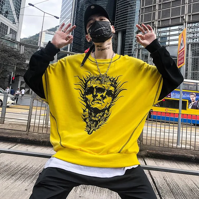 

2018 Men's wear Style personality Printing fake two loose Round neck pullovers Hip hop high street Men's trend leisure fleece