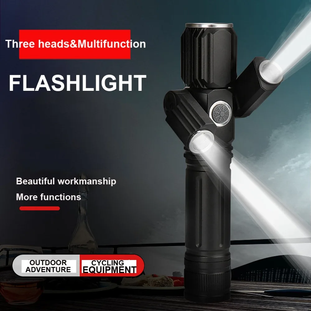 buy New Multi function Glare Led Three head Flashlight Outdoor Riding Bike Cycling 4 Modes Light USB Direct Charge Battery D33 P5