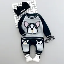 Весенний детский комплект одежды с рисунком щенка, детский осенне-зимний свитер с длинными рукавами бархатная Повседневная футболка для маленьких девочек и мальчиков+ штаны