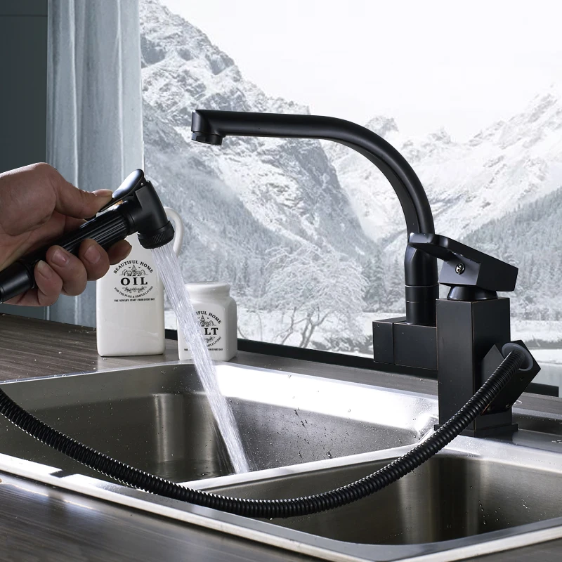 

Black Bronze Kitchen Faucet Deck Mount Pull Out Hot And Cold Water Kitchen Sink Faucet Mixer Taps