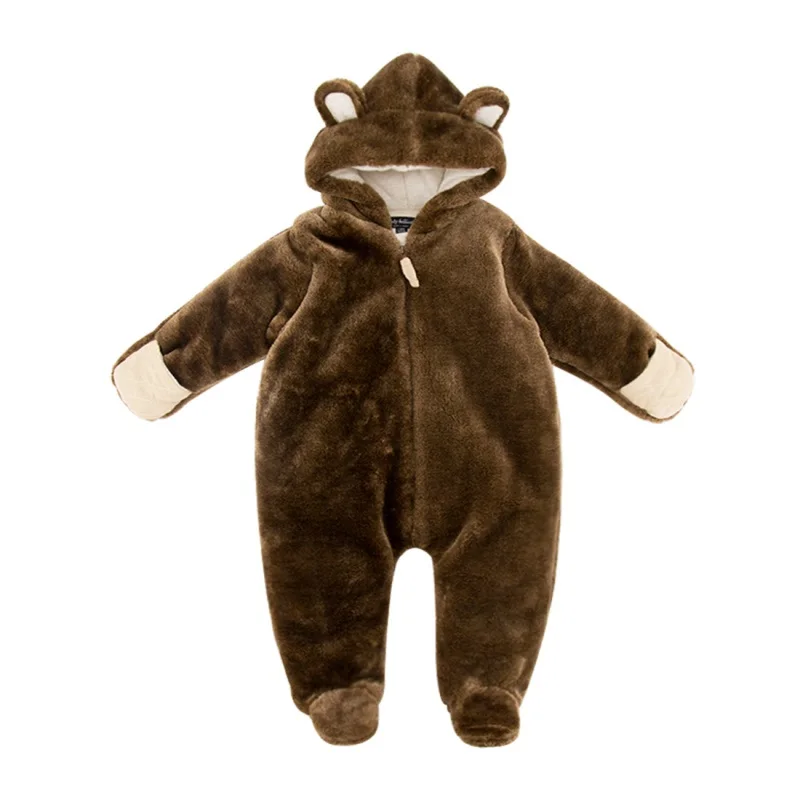 Комбинезоны для новорожденных мальчиков и девочек; сезон осень-зима; плотный теплый комбинезон с капюшоном и длинными рукавами; Спортивный Детский костюм для малышей; KF108 - Цвет: coffee bear