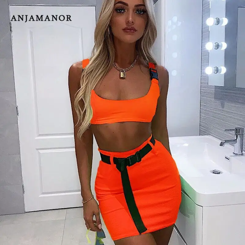 

ANJAMANOR Sexy 2 Piece Set Women Buckle Crop Top and Short Skirt Neon Solid Color Matching Sets Two Piece Club Outfits D66-AZ04