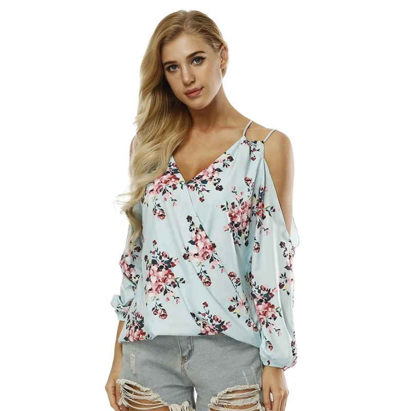 2018 Multi color blusa para mujer cuello pico doble correas hombro frío gasa blusa mujeres suelta playa Tops|Blusas y camisas| - AliExpress