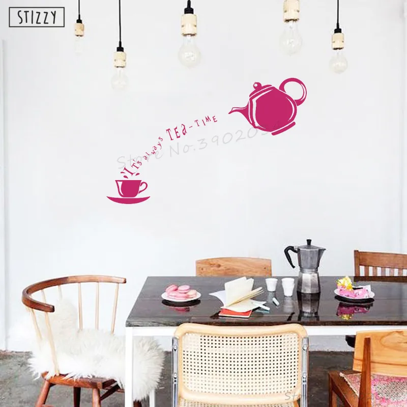 

STIZZY Wall Decal Kitchen Quotes It is Always Tea Time Vinyl Wall Stickers Teapot Cup Pattern Removable Interior Home Decor B134
