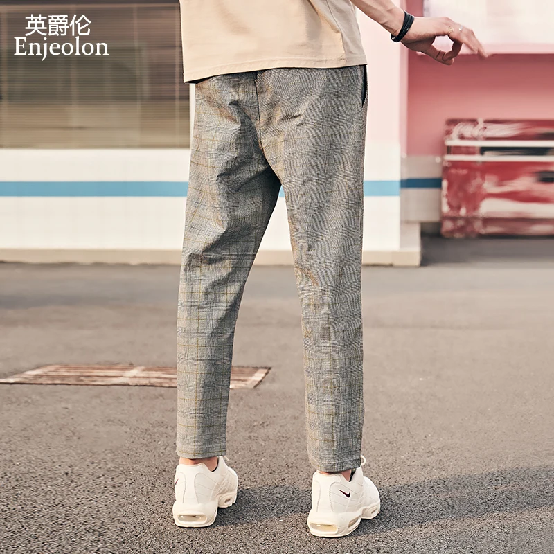 

Enjeolon new long staight pants men plaid casual pants for men ankle length pants men K6622