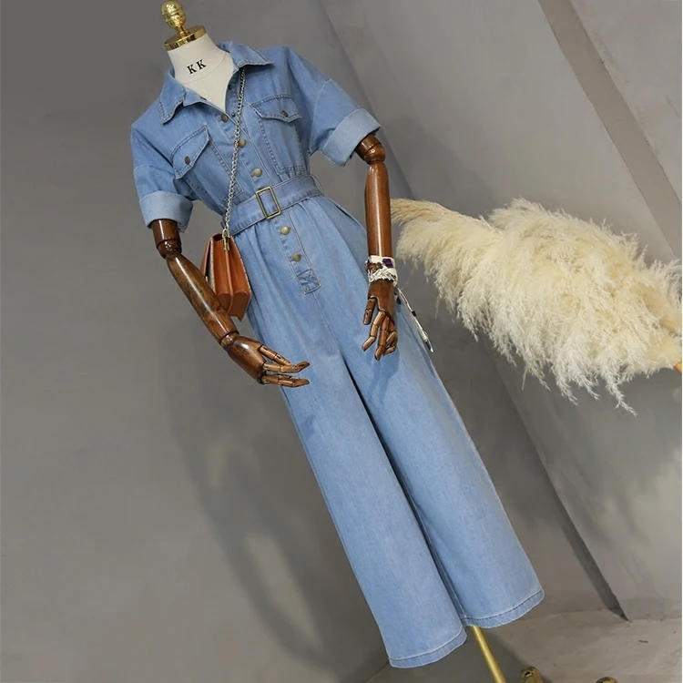 

Free Shipping 2019 Fashion Safari Style 3/4 Sleeve Women Denim Jeans Jumpsuit And Rompers Wide Leg Trousers With Belt For Women