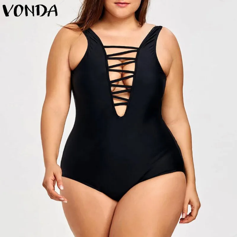 

VONDA Rompers Womens Jumpsuit 2019 Summer Beach Bodysuit Sexy Bandage Deep V Neck Sleeveless Plus Big Size Overalls