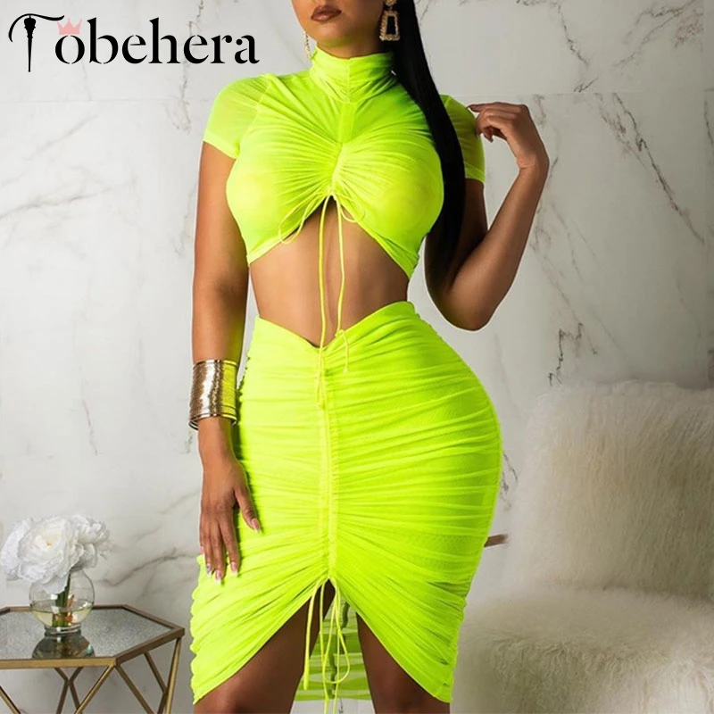 

Glamaker Neno two piece suit dress Women bodycon lace up sexy mini dress turtleneck draped Summer party streetwear female dress