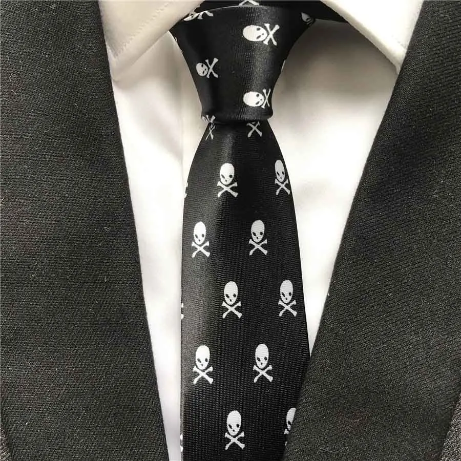 

New 5cm Tie Casual Skinny Necktie Black with White Skull Unique Pattern Corbatas