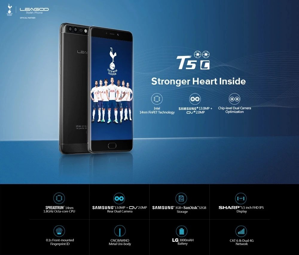 LEAGOO T5c 4G LTE Смартфон Android 7,0 SC9853 Восьмиядерный 5," FHD 3 Гб ram 32 Гб rom 13 МП Двойная Задняя камера отпечаток пальца мобильный телефон