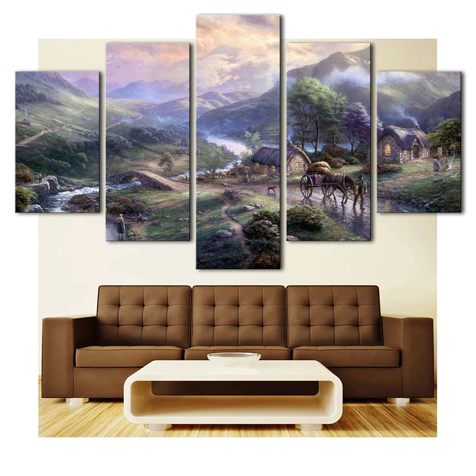 

Wall Art Pictures Decor Frame HD Printing 5 Pieces House Bridge Mountain River Trees Wonderland Scenery Modular Paintings Canvas