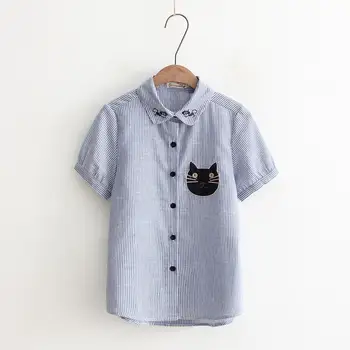 

Vintage Striped Cat decoration Casual Blouse Women Plus Size S-5XL Blouse Loose Short Sleeve Buttons Blouse Tops Shirt