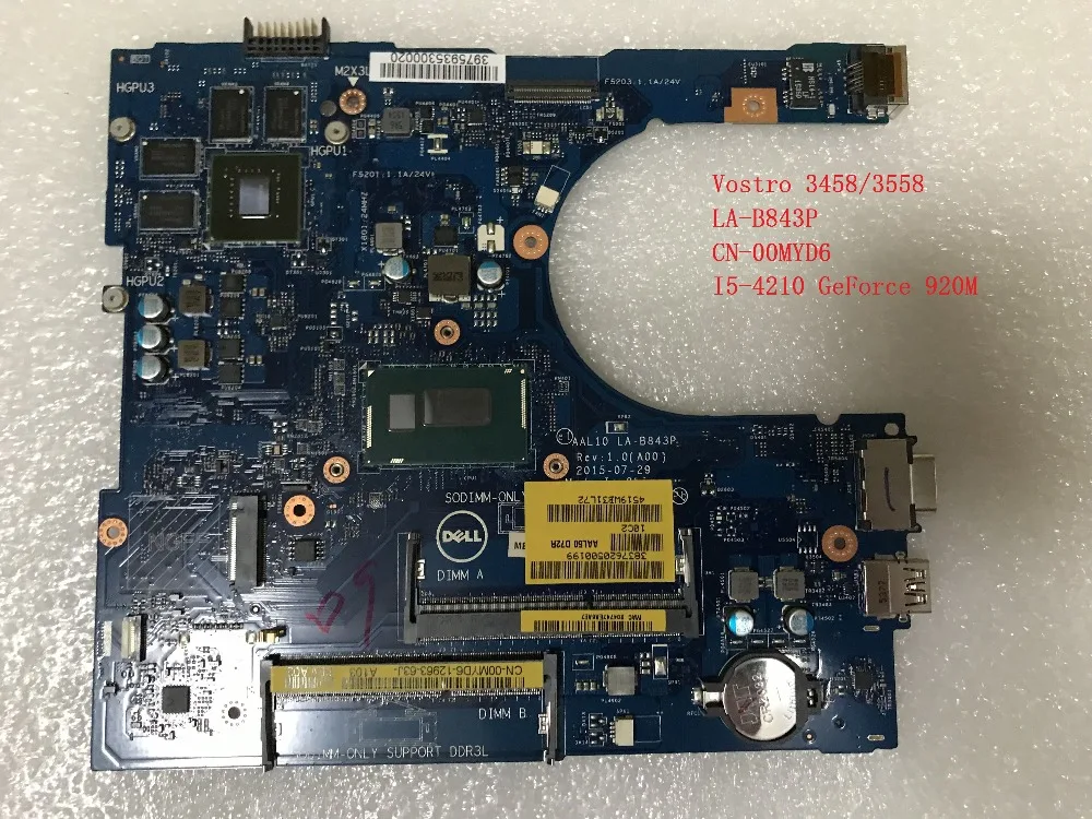 Для dell Vostro 3458 3558 LA-B843P CN-00MYD6 00MYD6 0MYD6 Материнская плата ноутбука с I5-4210 cpu и GeForce 920 M